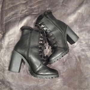 EXPRESS BLACK COMBAT LACE-UP HEELED LUG BOOTIES